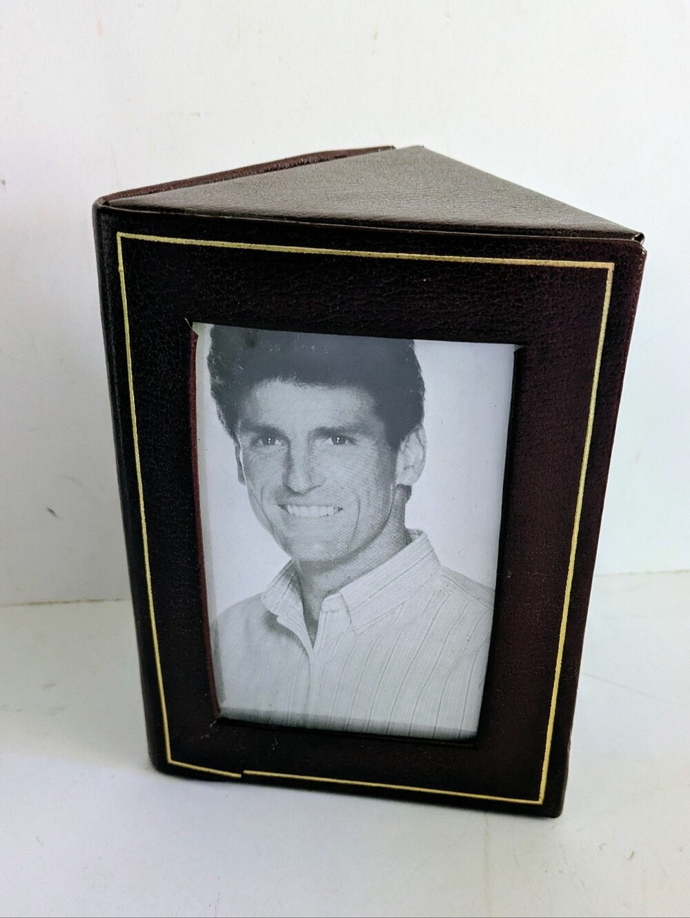 Frame Triangular Leather Look Maroon Photo Frame with Gold Trim Holds Two Photos
